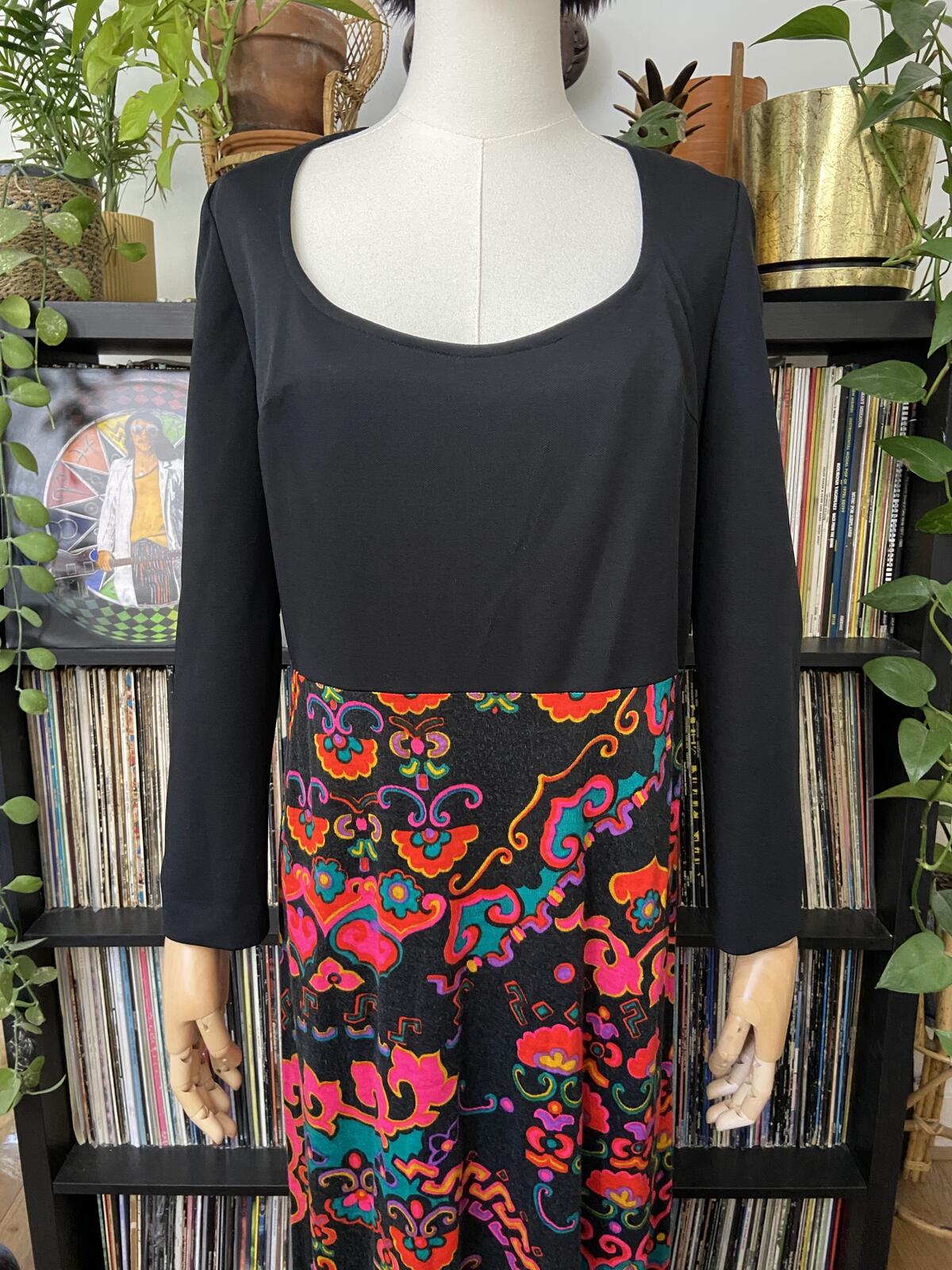Vintage 1970s Black Printed Maxi Dress