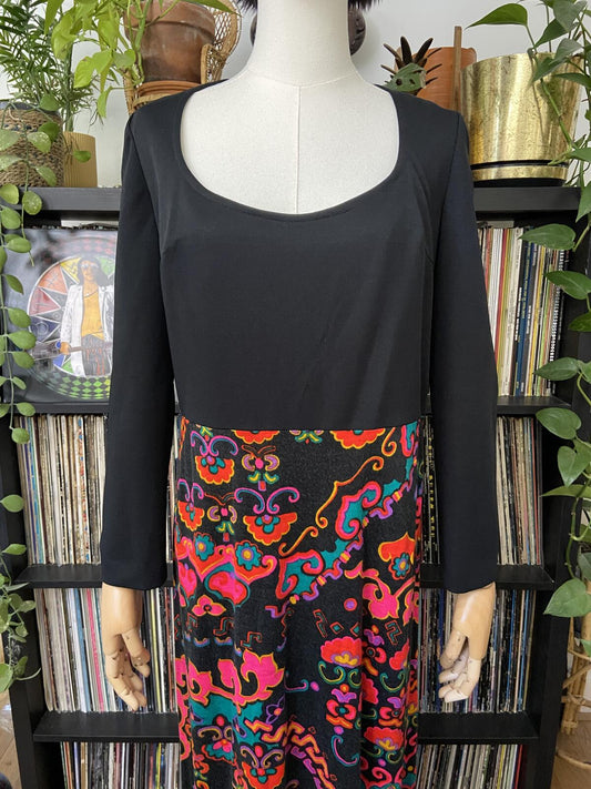 Vintage 1970s Black Printed Maxi Dress