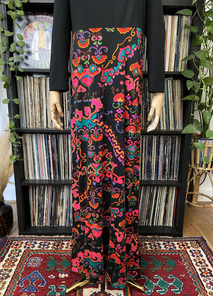 Vintage 1970s Black Printed Maxi Dress