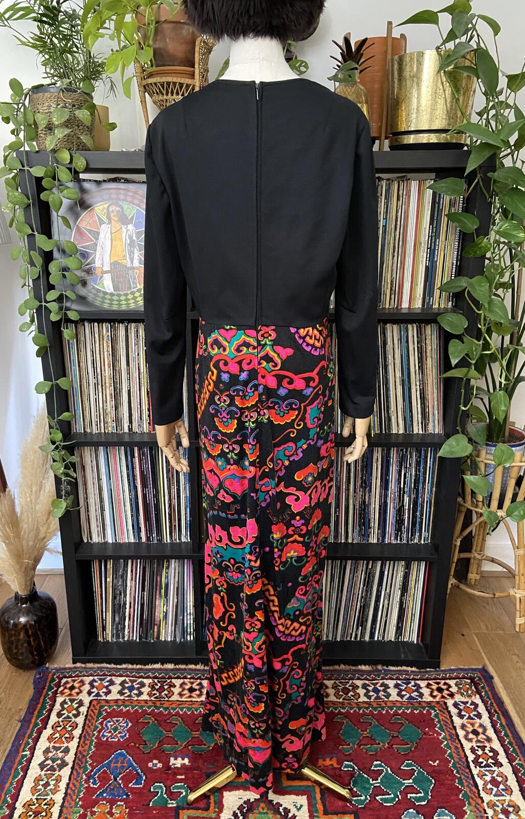 Vintage 1970s Black Printed Maxi Dress