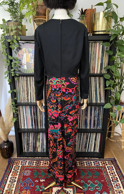 Vintage 1970s Black Printed Maxi Dress