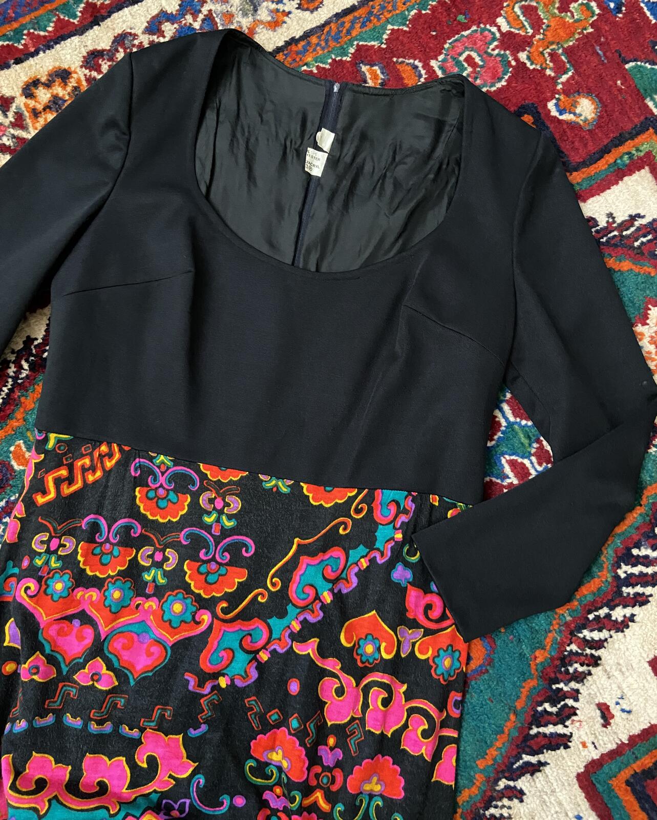 Vintage 1970s Black Printed Maxi Dress
