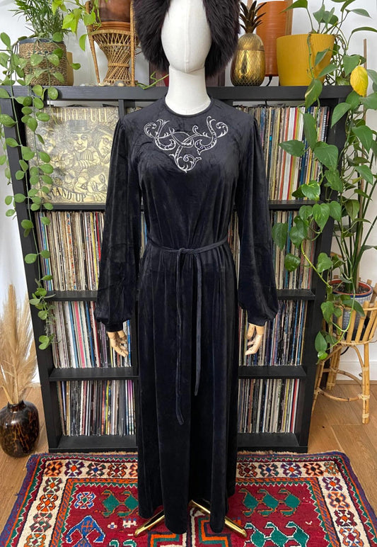 Vintage 1960s Black Embroidered Velvet Kaftan Dress