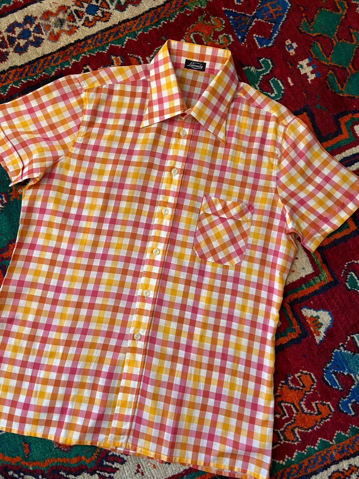 Vintage 1970s Pink & Yellow Deadstock Dagger Collar Shirt