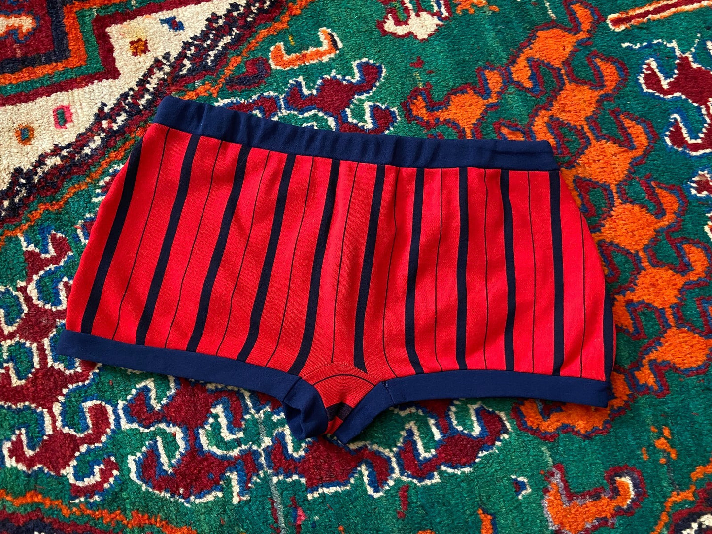 Vintage 1970s Red Navy Striped Swim Shorts