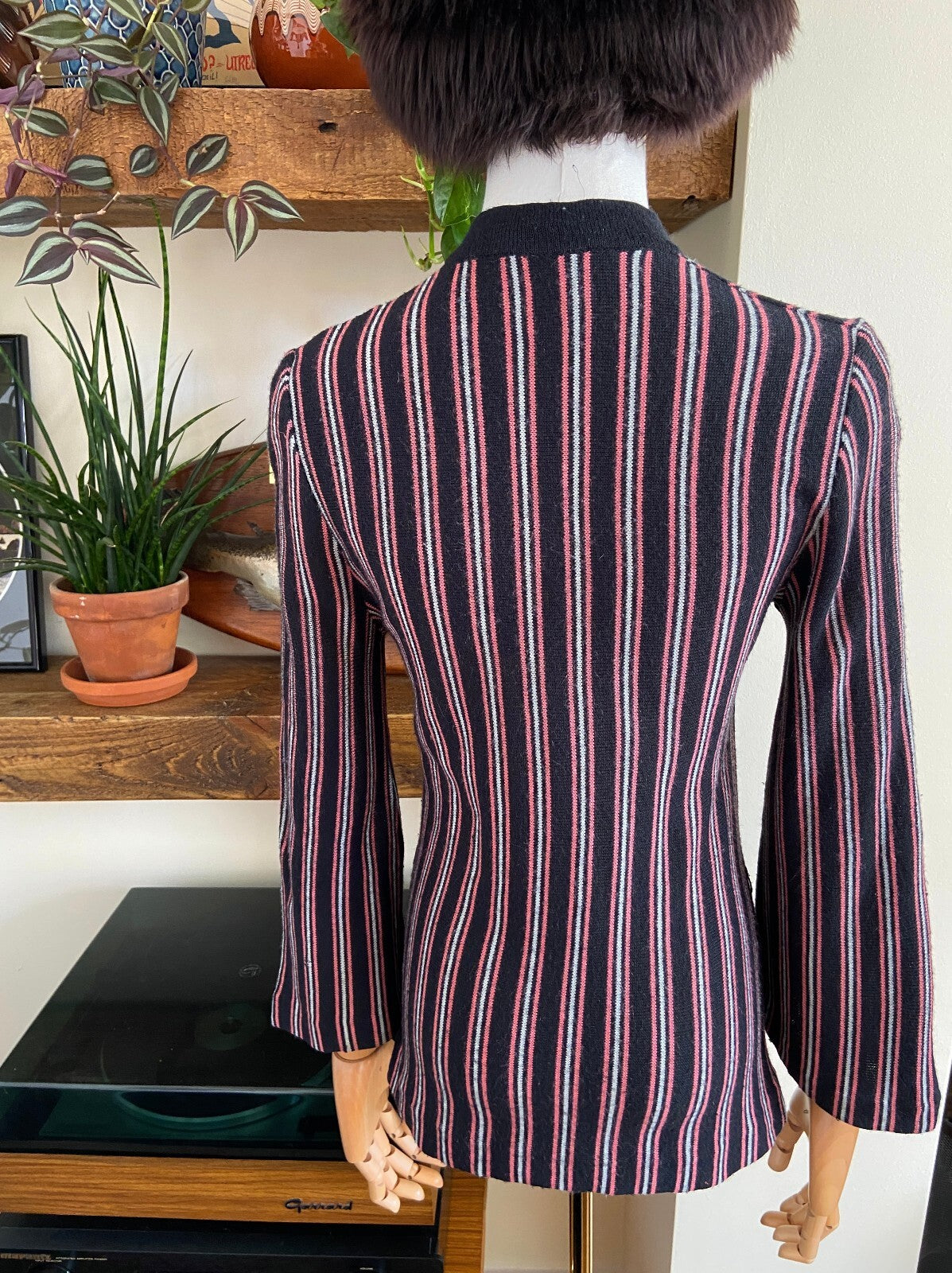 Vintage 1970s Black & Pink Striped V-Neck Jumper
