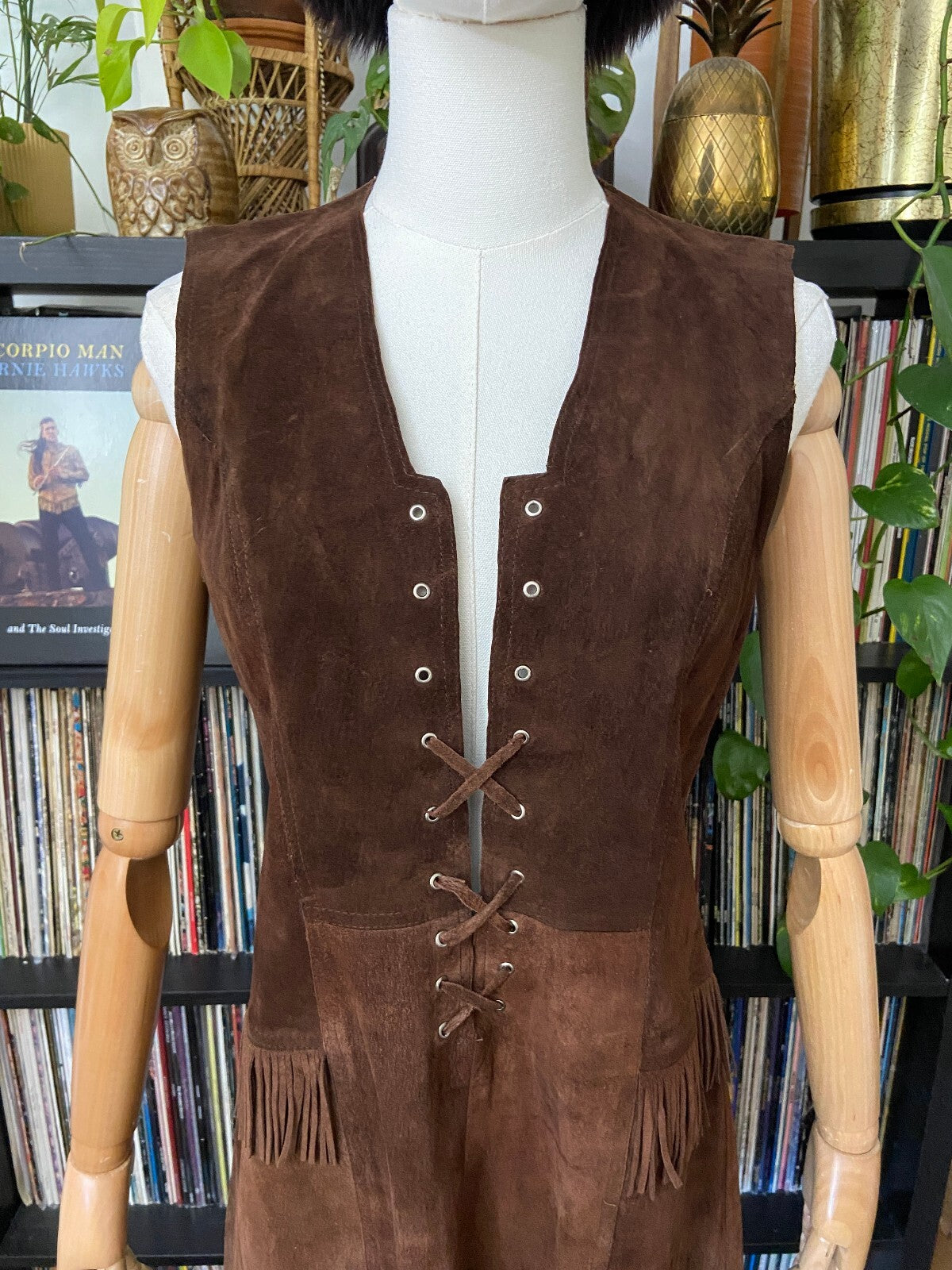 Vintage 1970s Brown Suede Fringed Lace Up Dress