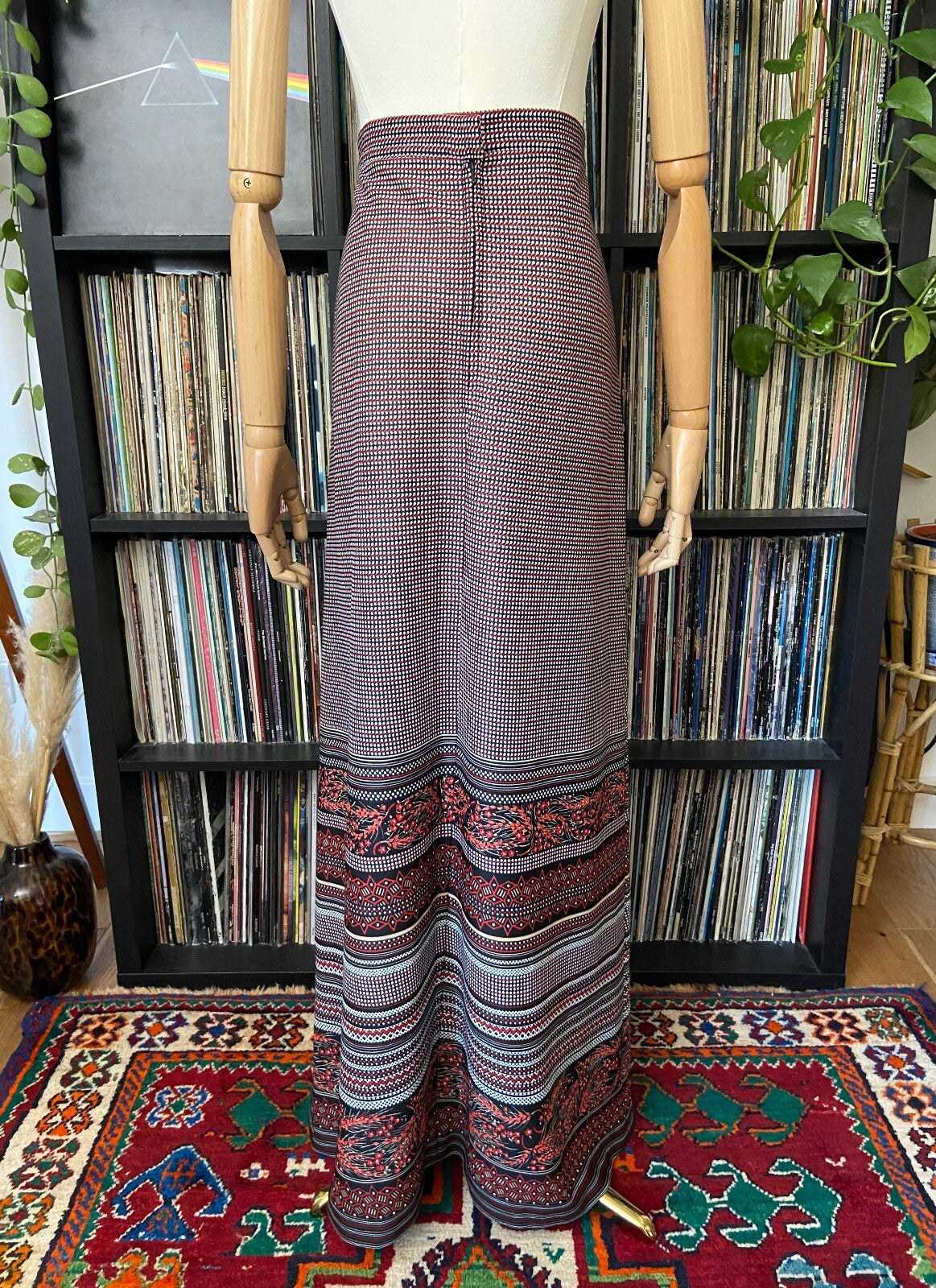 Vintage 1970s Red & Black Folk Maxi Skirt