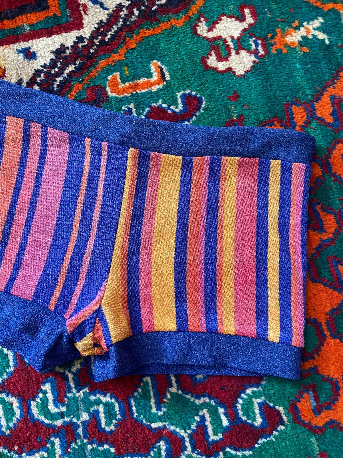 Vintage 1970s Blue Pink & Peach Stripe Swim Shorts