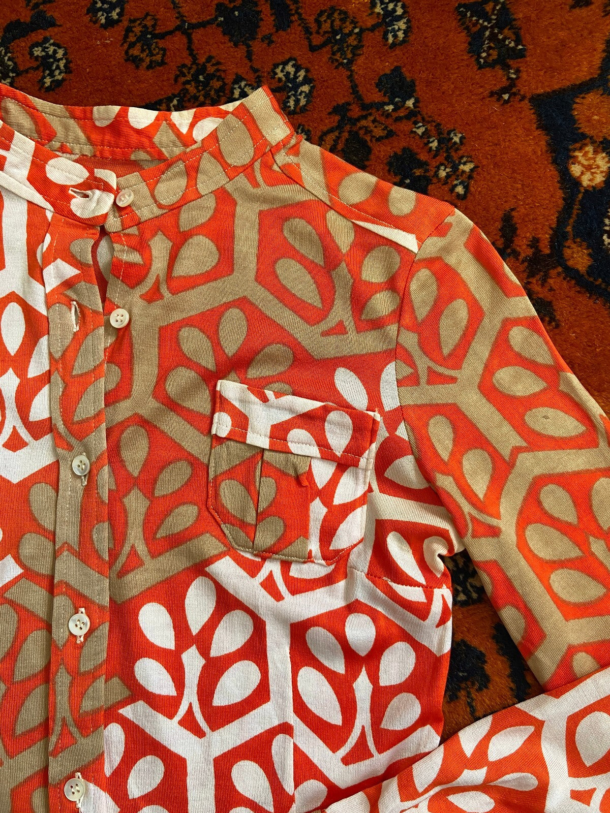 Vintage 1970s Orange & Beige Collarless Shirt