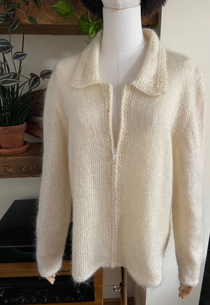 Vintage 1970s Cream Fluffy Zip Up Cardigan