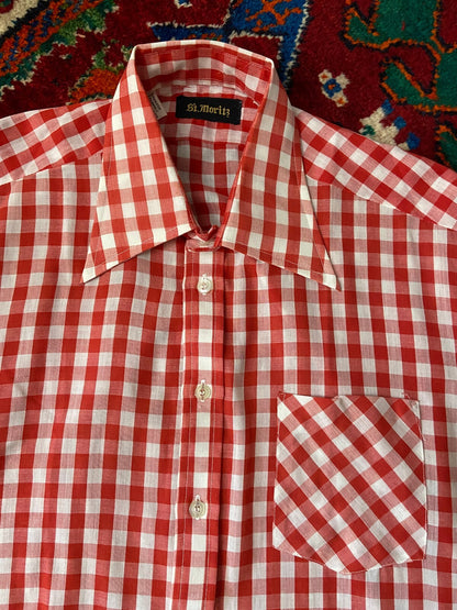 Vintage 1970s Red Gingham Dagger Collar Shirt