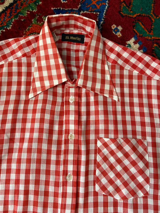 Vintage 1970s Red Gingham Dagger Collar Shirt