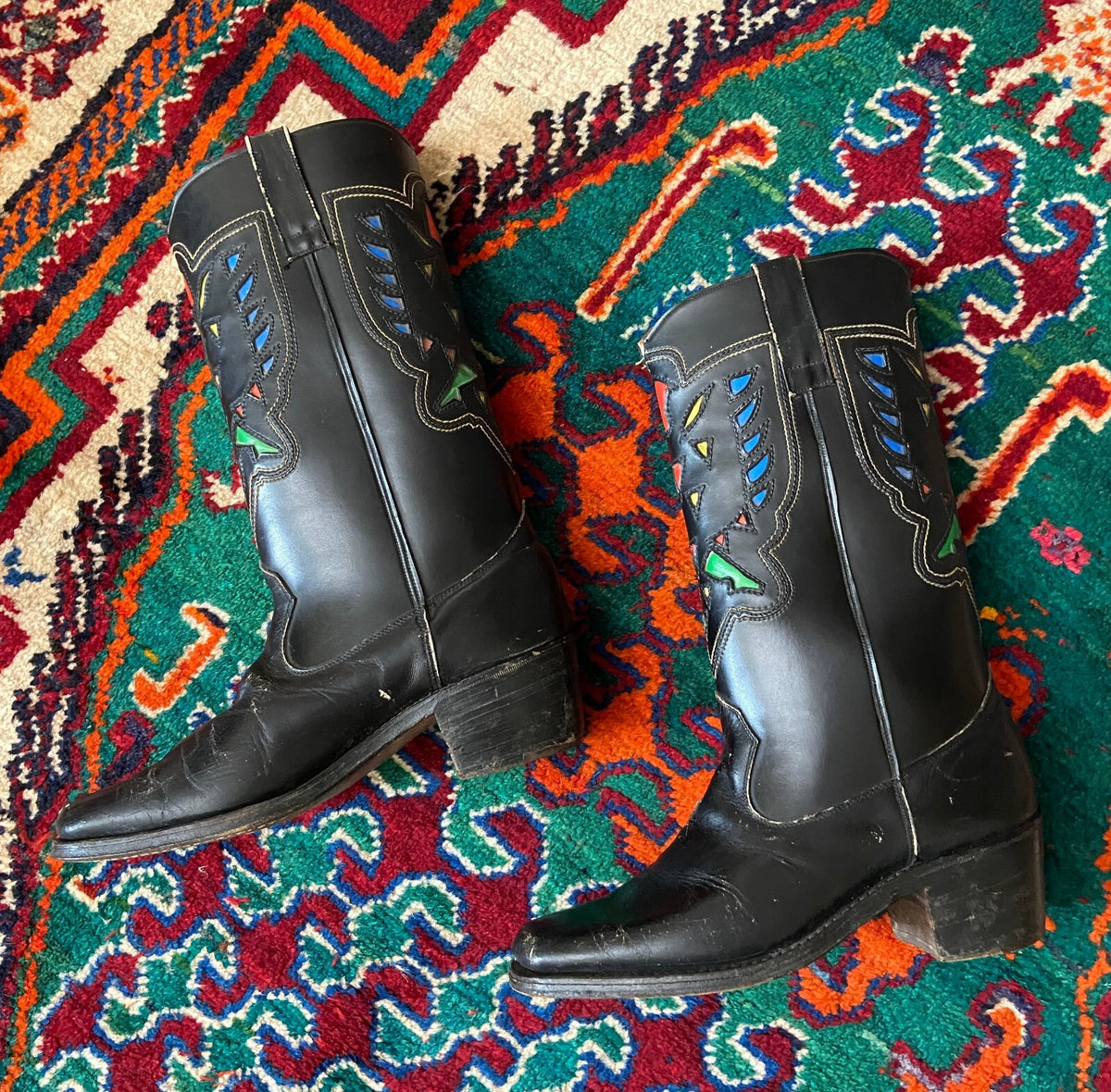 Vintage 1970s Black Colourful Inlay Cowboy Boots UK 7