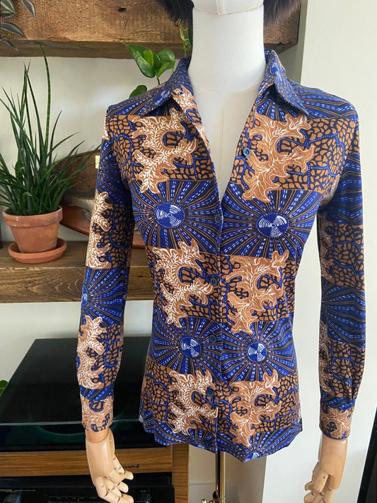 Vintage 1970s Blue & Brown Dagger Collar Shirt