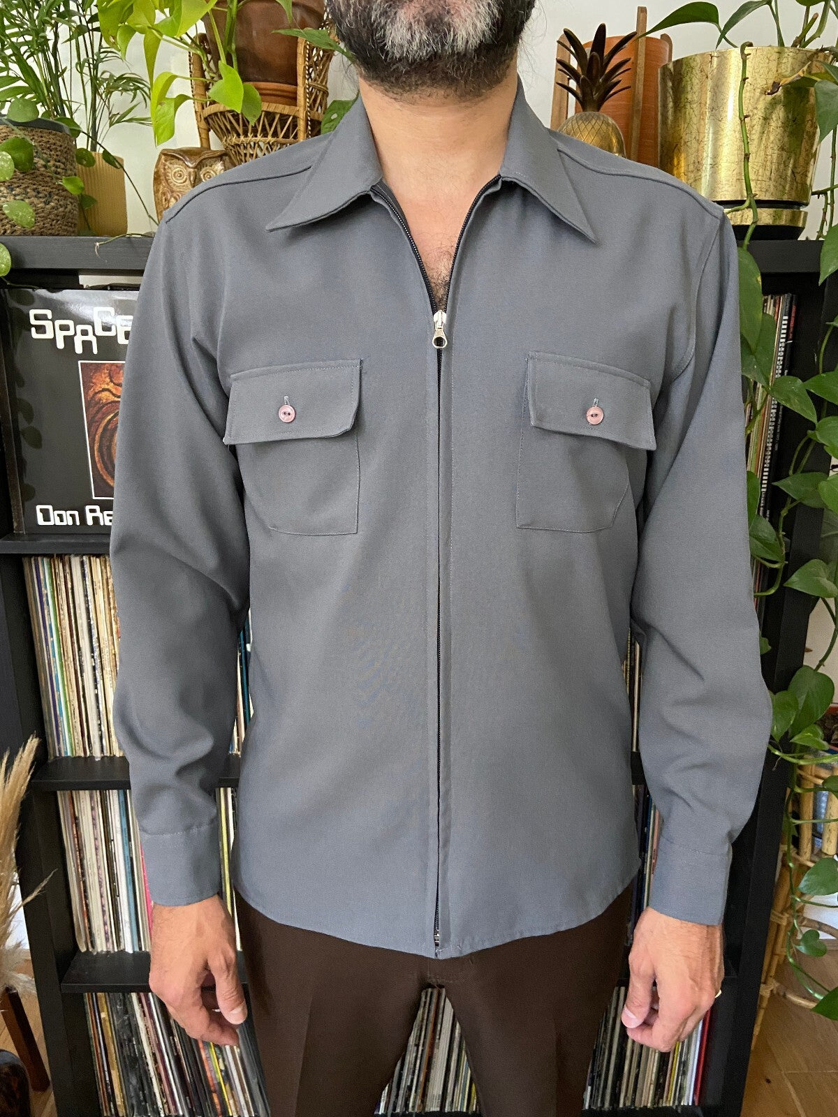 Vintage 1970s Grey Zip-Up Dagger Collar Shirt