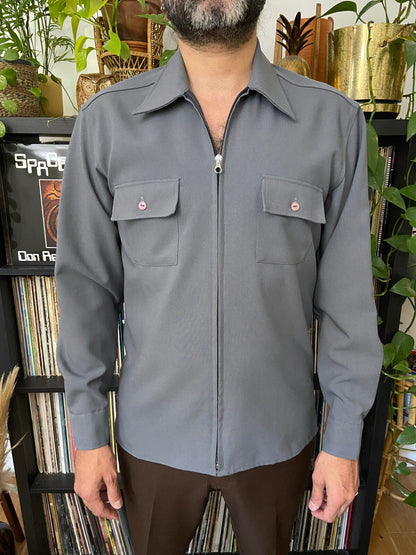 Vintage 1970s Grey Zip-Up Dagger Collar Shirt