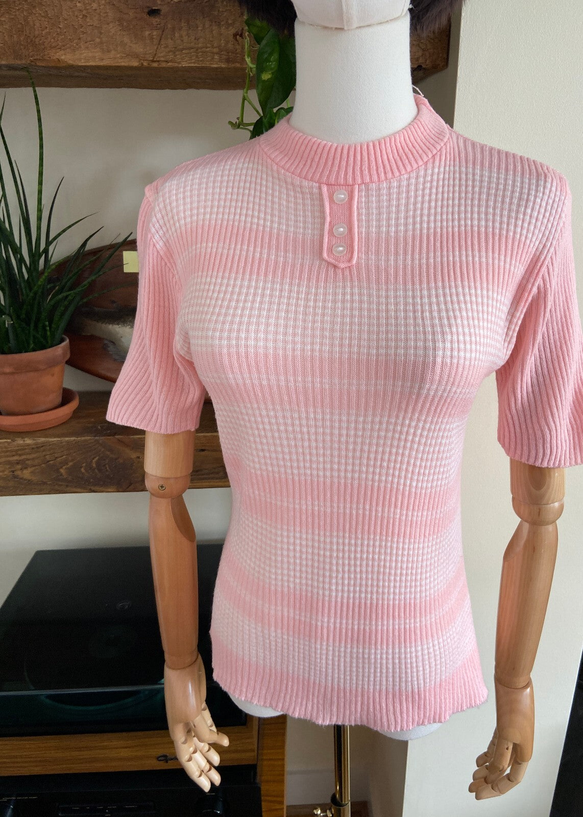 Vintage 1970s Pink White Striped Knit Top
