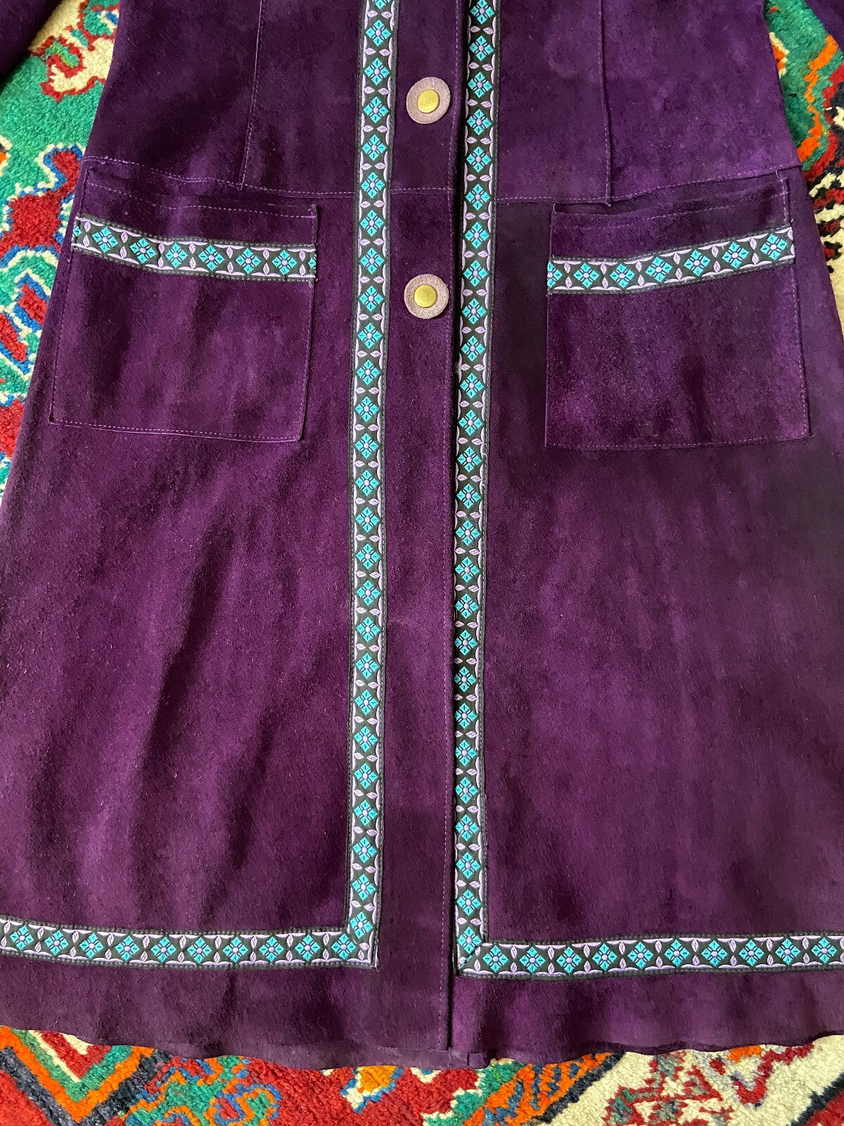 Vintage 1970s Purple Hooded Embroidered Trim Penny Lane Coat