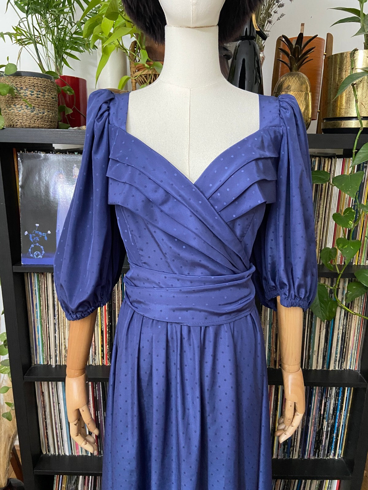 Vintage 1980s Blue Puff Sleeve Maxi Gown