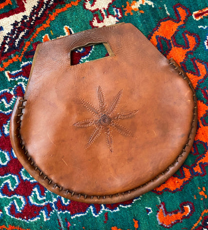 Vintage 1970s Brown Hand Tooled Leather Grab Bag