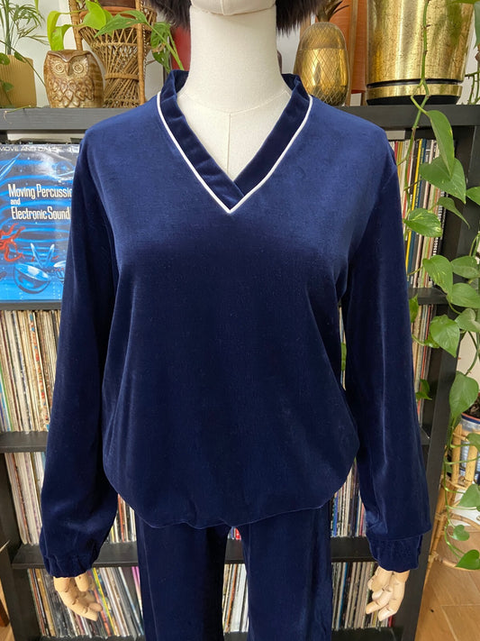 Vintage 1970s Navy Velour Two-Piece Tracksuit