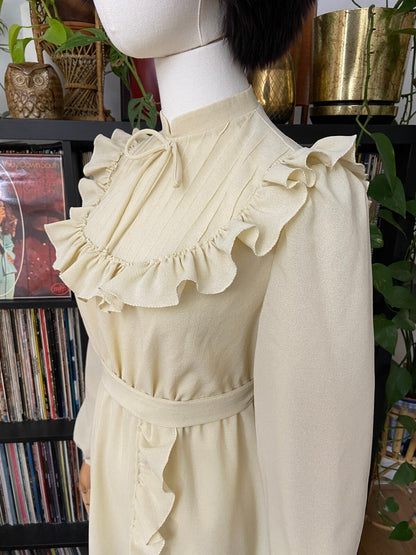 Vintage 1970s Beige Ruffle Long Prairie Dress