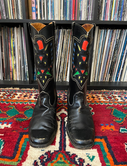 Vintage 1970s Black Colourful Inlay Cowboy Boots UK 7