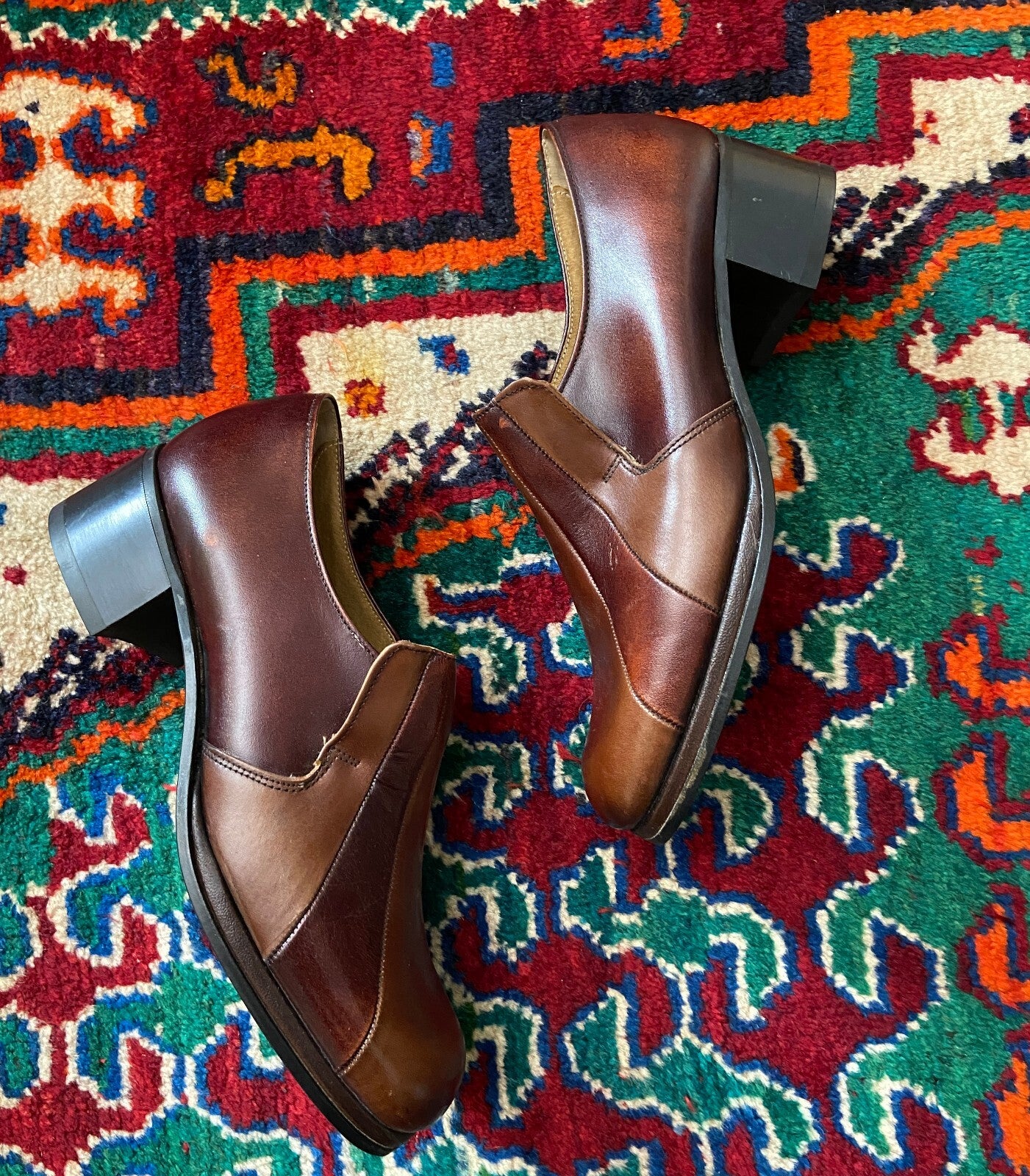 Vintage 1970s Deadstock Brown Block Heel Shoes UK 6.5