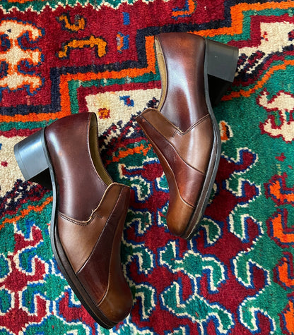Vintage 1970s Deadstock Brown Block Heel Shoes UK 6.5