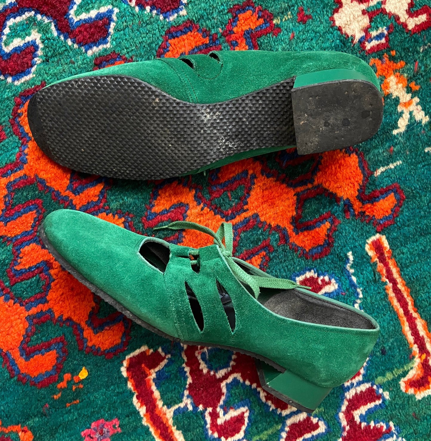 Vintage 1970s Green Suede Mary Janes UK 5
