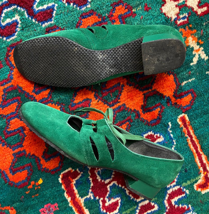 Vintage 1970s Green Suede Mary Janes UK 5