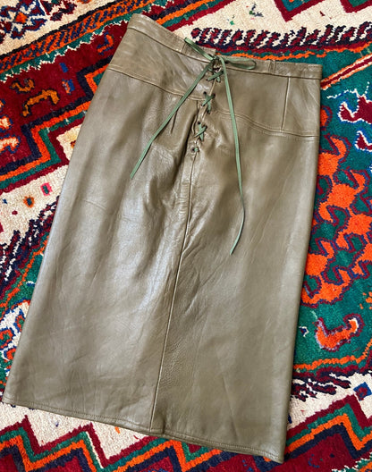 Vintage 1980s Olive Leather Lace Up Pencil Skirt