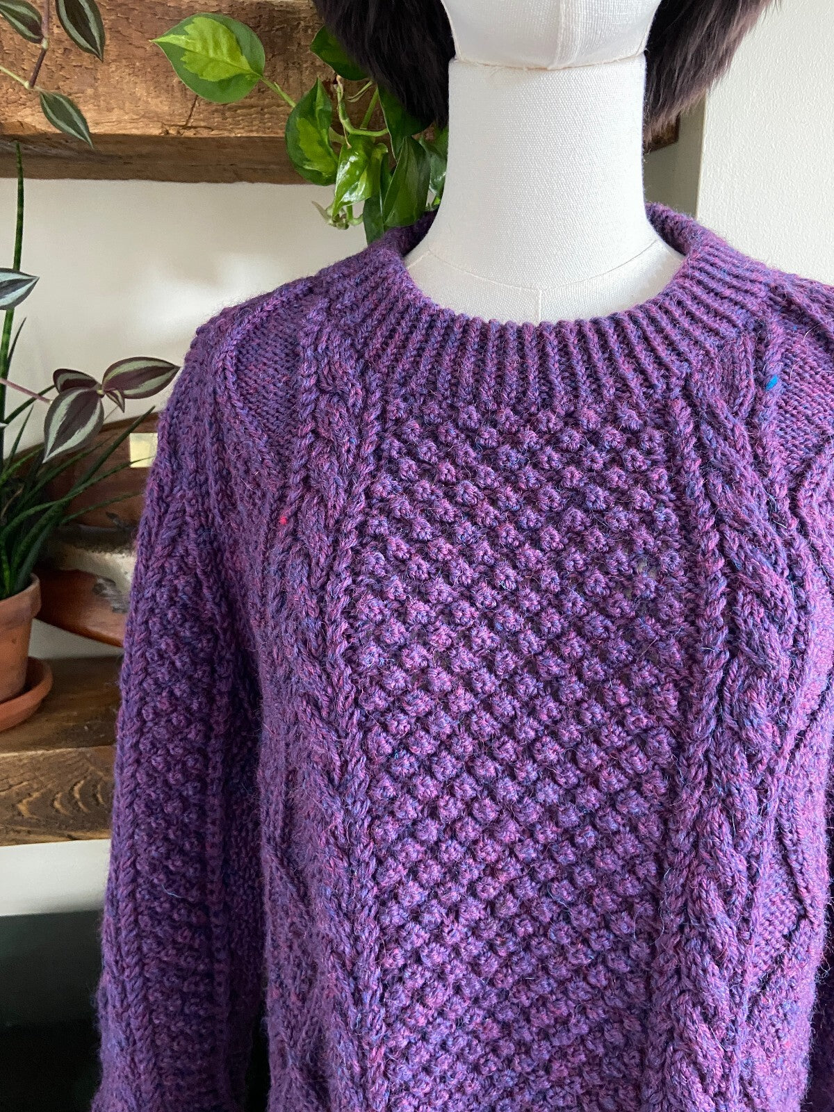 Vintage 1980s Purple Aran Fisherman Jumper