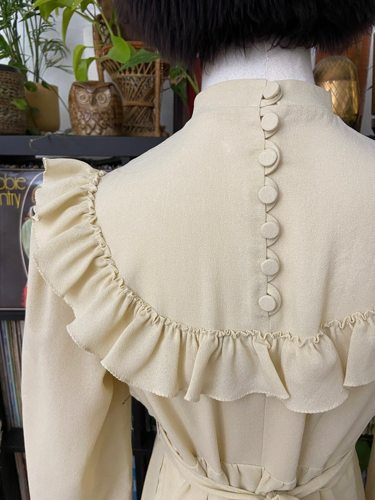 Vintage 1970s Beige Ruffle Long Prairie Dress