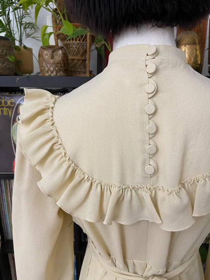 Vintage 1970s Beige Ruffle Long Prairie Dress