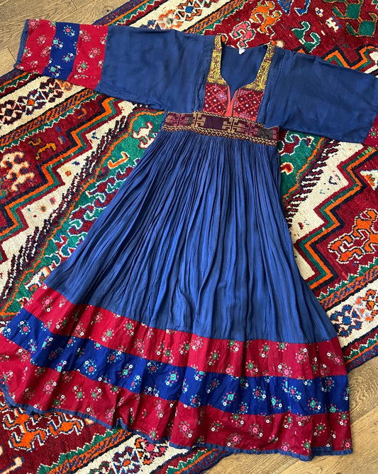 Vintage 1970s Blue Embroidered Afghan Dress