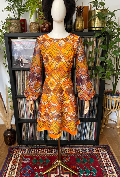 Vintage 1970s Vera Mont Orange Print Mini Dress