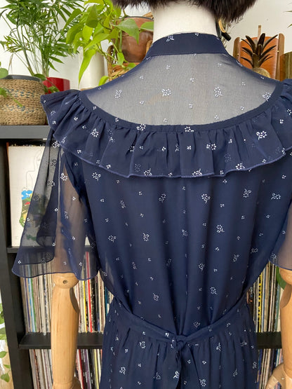 Vintage 1970s Navy & Silver Maxi Prairie Dress