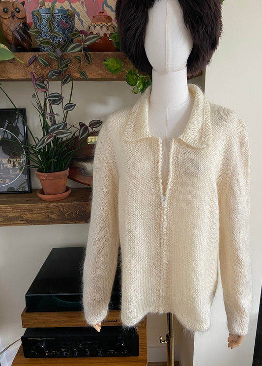 Vintage 1970s Cream Fluffy Zip Up Cardigan
