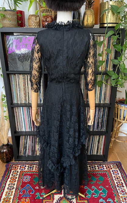 Vintage 1970s Black Lace Gothic Victorian Dress