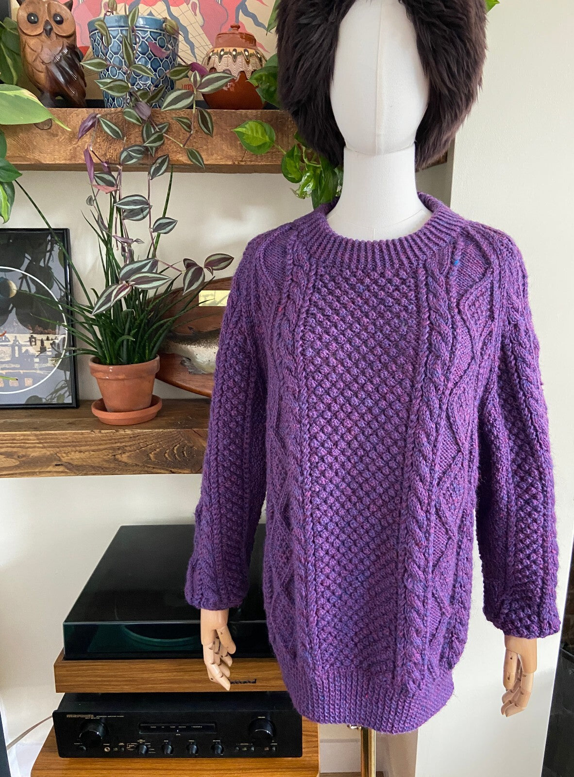 Vintage 1980s Purple Aran Fisherman Jumper