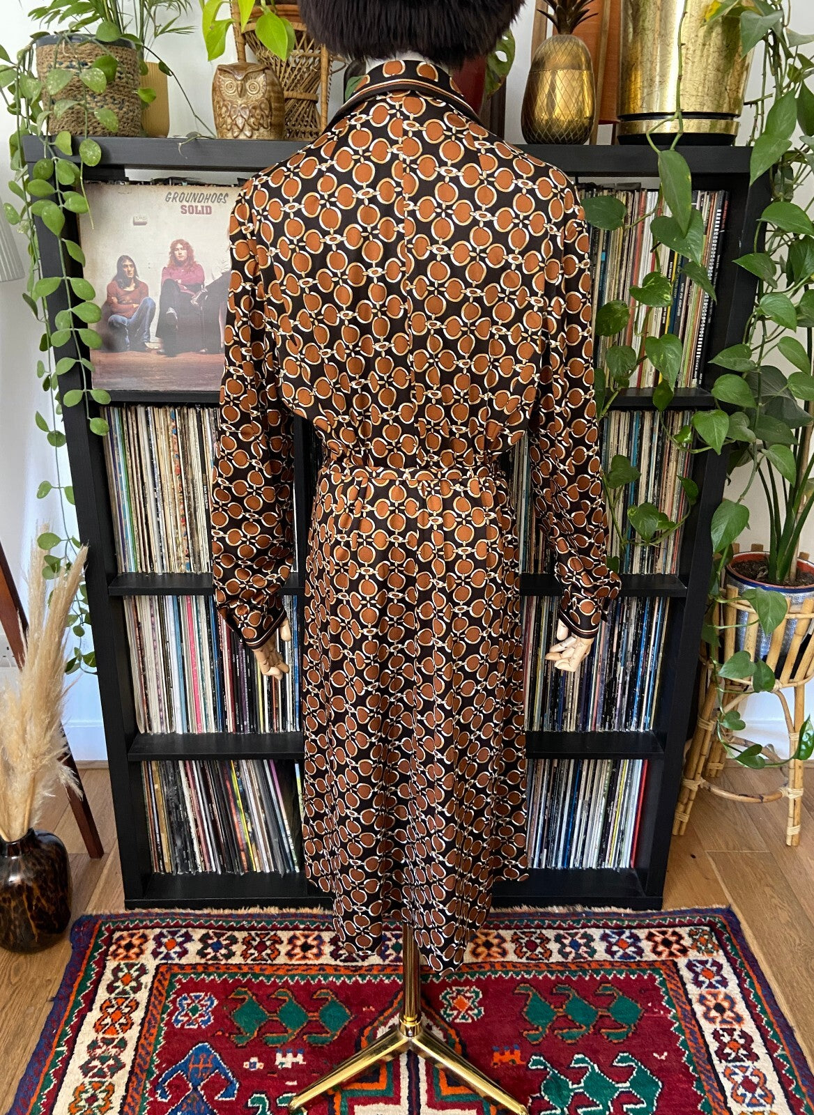 Vintage 1970s Brown Retro Print Shirt Dress