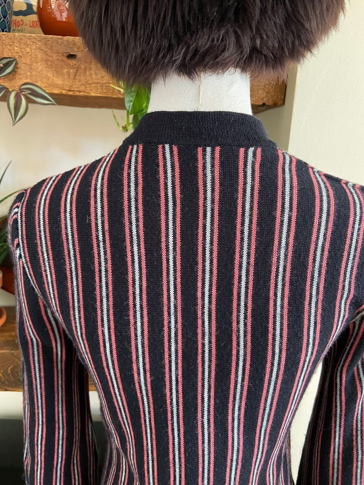 Vintage 1970s Black & Pink Striped V-Neck Jumper
