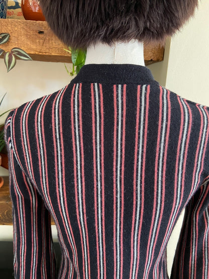 Vintage 1970s Black & Pink Striped V-Neck Jumper