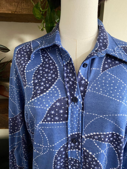 Vintage 1970s Blue Knit Dagger Collar Shirt