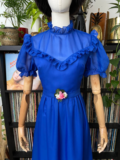 Vintage 1970s Blue Flower Sash Prairie Dress