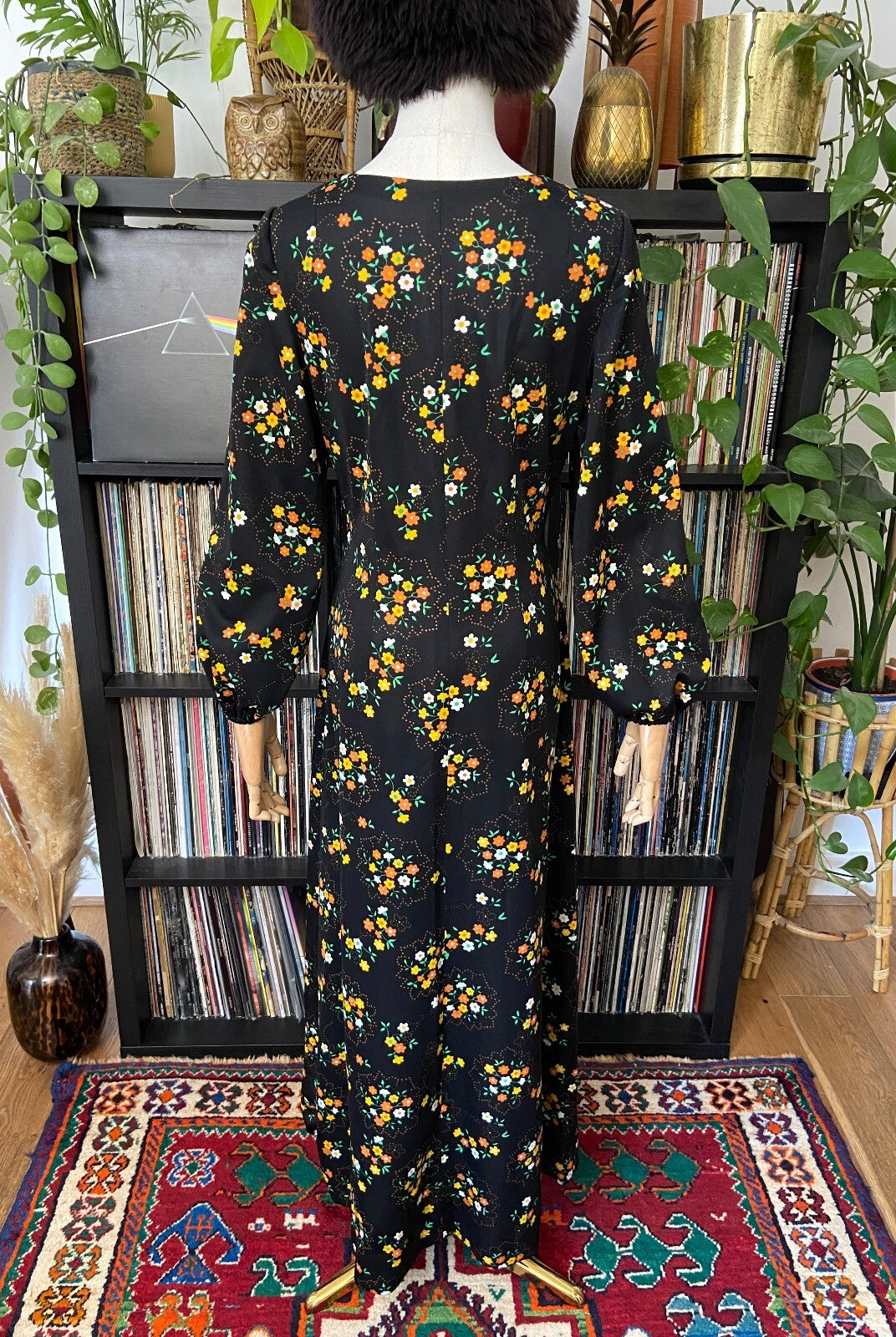 Vintage 1970s Black Floral Maxi Dress