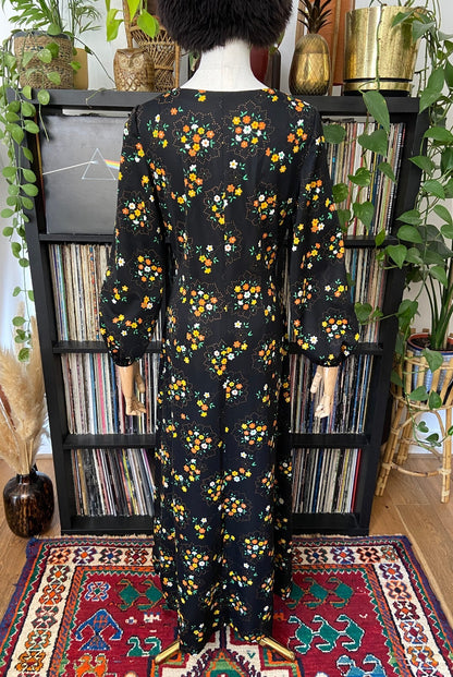 Vintage 1970s Black Floral Maxi Dress