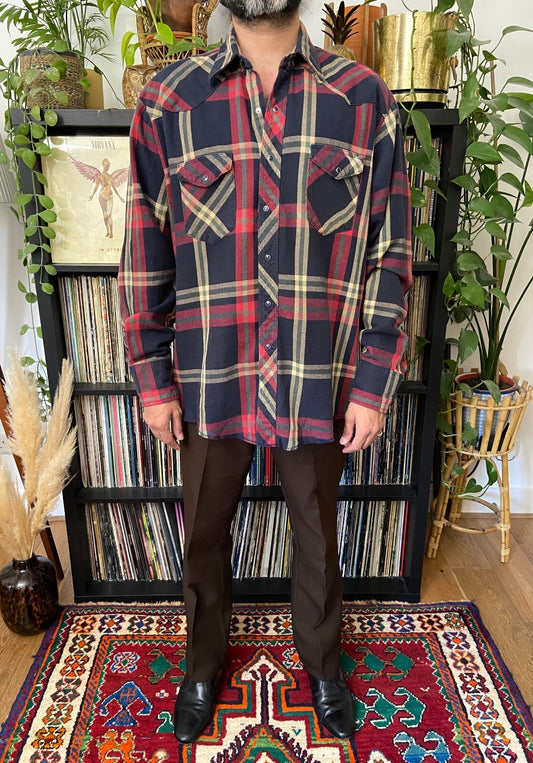 Vintage 90s Red & Navy Plaid Western Shirt